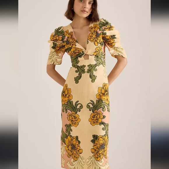 Dresses & Skirts - Floral Puff-Sleeve Midi Dress in Pale Yellow